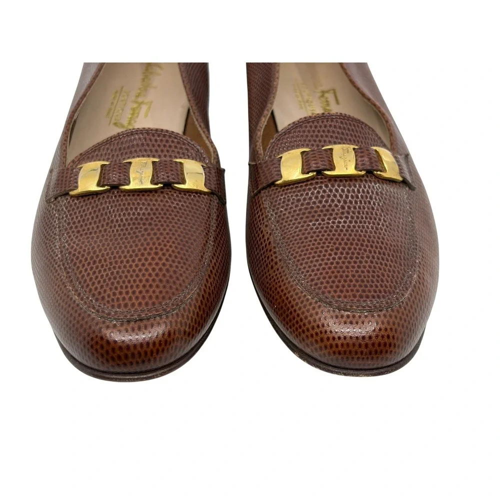 Salvatore Ferragamo Boutique Brown Lizard Embossed Leather‎ Loafers Size 9.5 2A